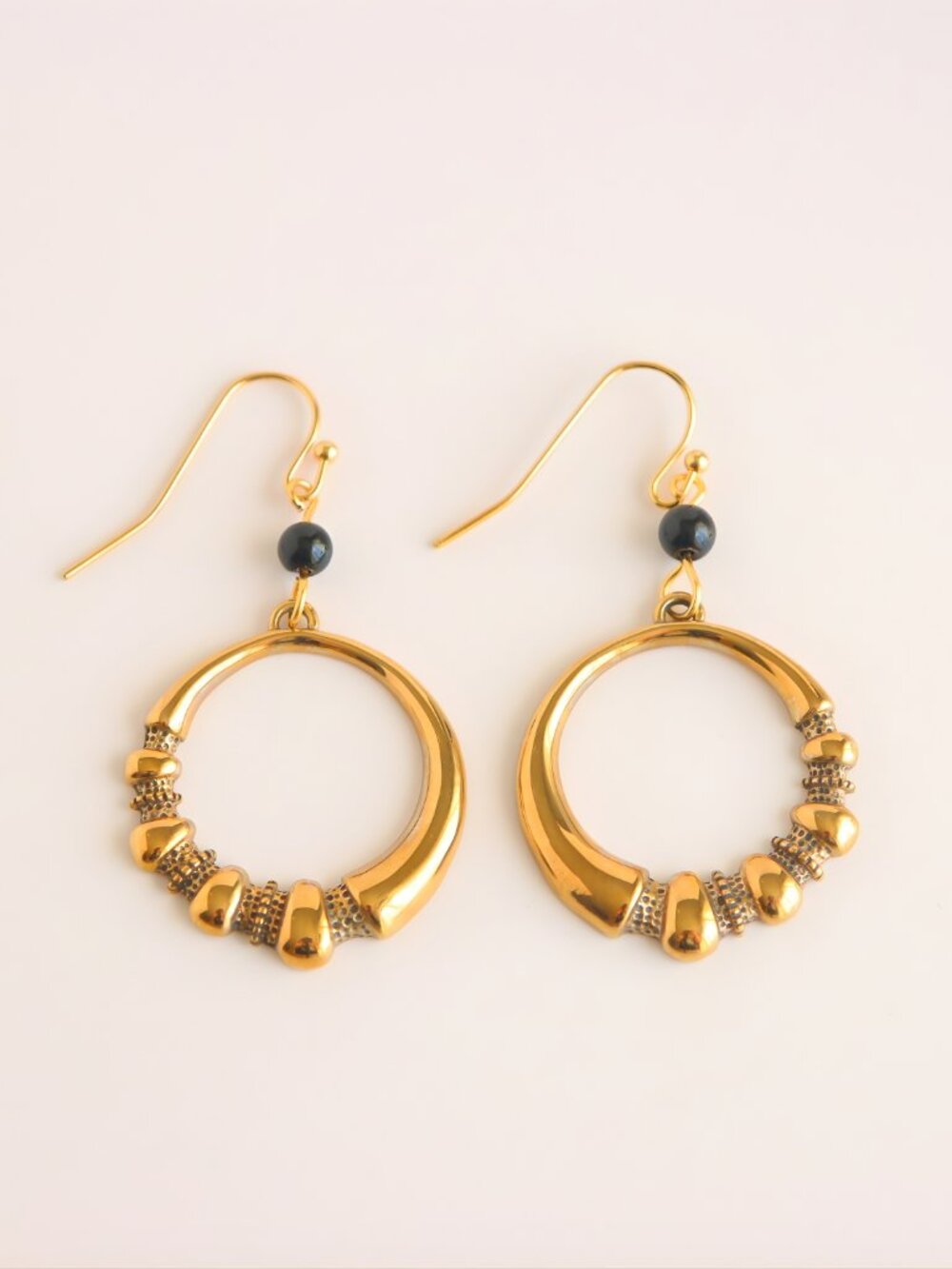 Gold Hoop Earrings With Onyx Detail Stainless Steel Large Dangle